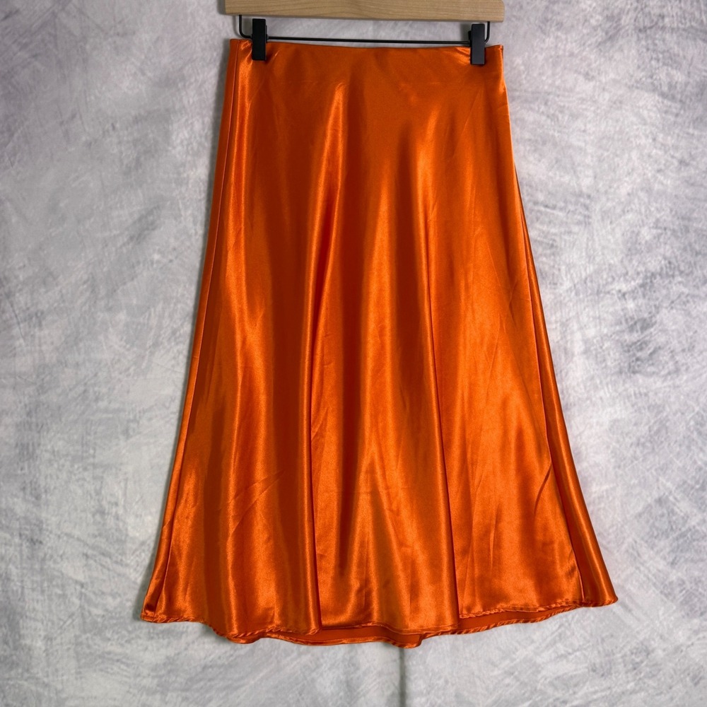 Serra Orange Satin Midi Skirt Women's Sz S Fall Halloween Showgirl whimsigoth